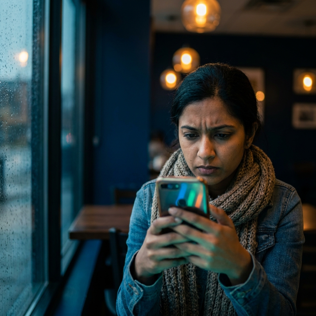 A young woman in a café reading her career results on a phone