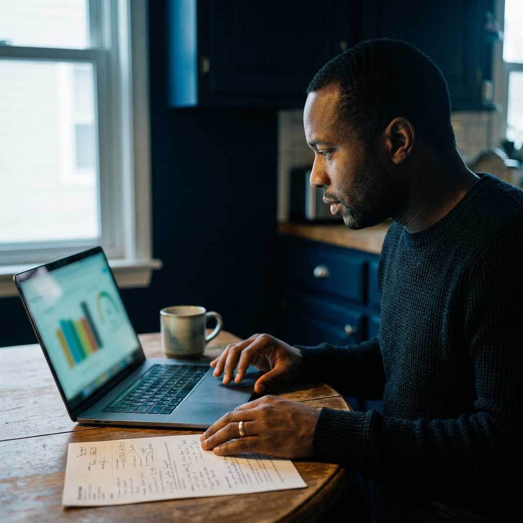 A man at a kitchen table comparing a marked-up printed resume against a laptop screen
