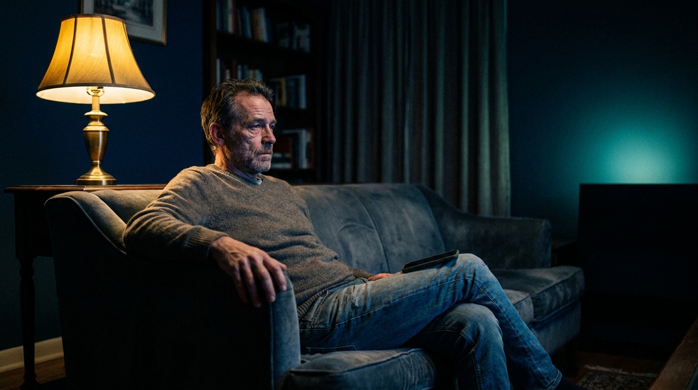 A man sitting alone on a sofa late at night, phone face down on his knee, thinking