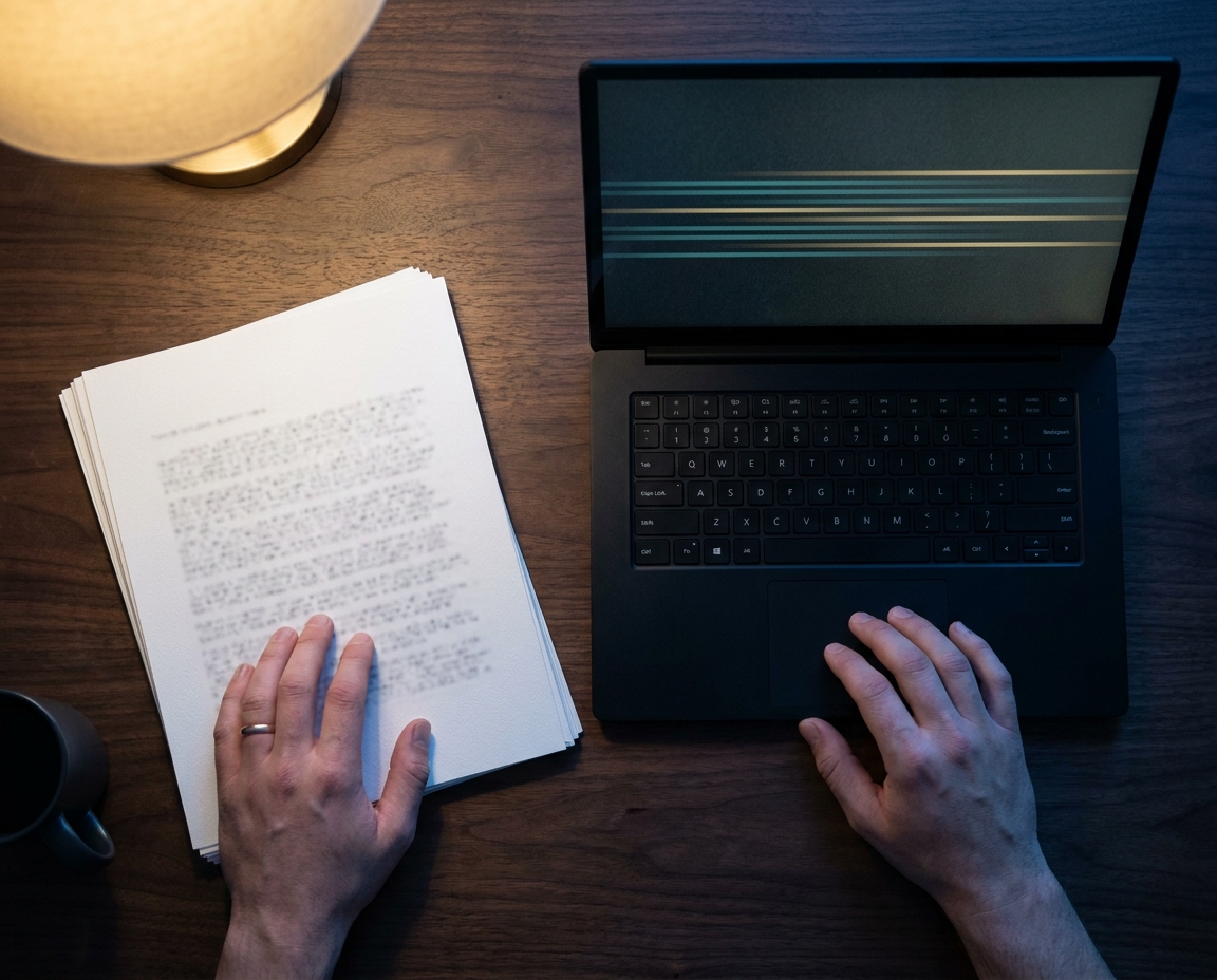 Overhead view of a printed resume beside an open laptop, one hand on each