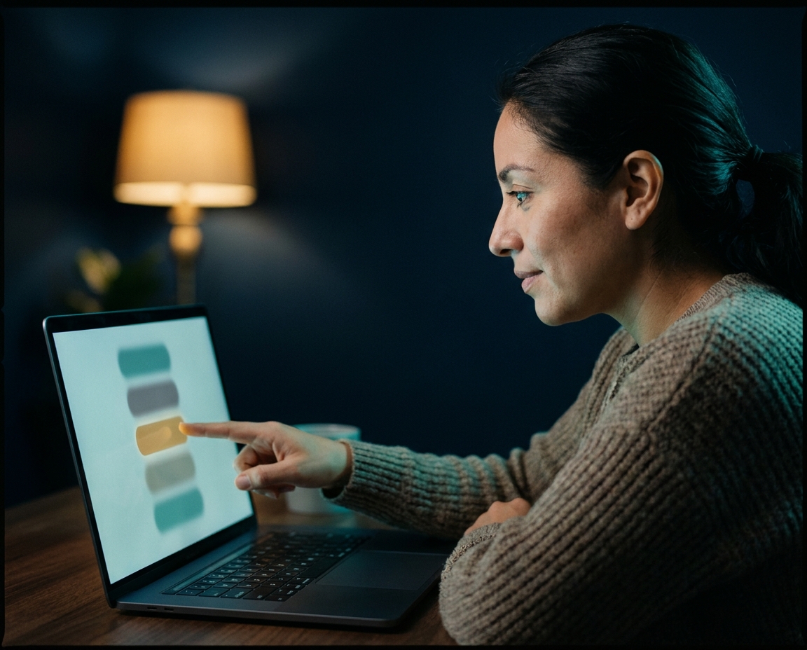 A woman pointing at one highlighted row in a ranked list on her laptop