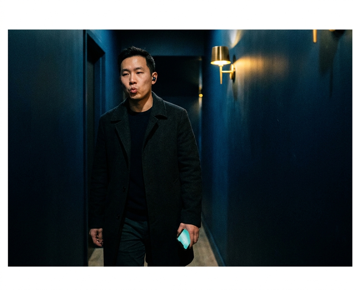 A man walking a hallway at night wearing earbuds, talking to the voice coach on his phone