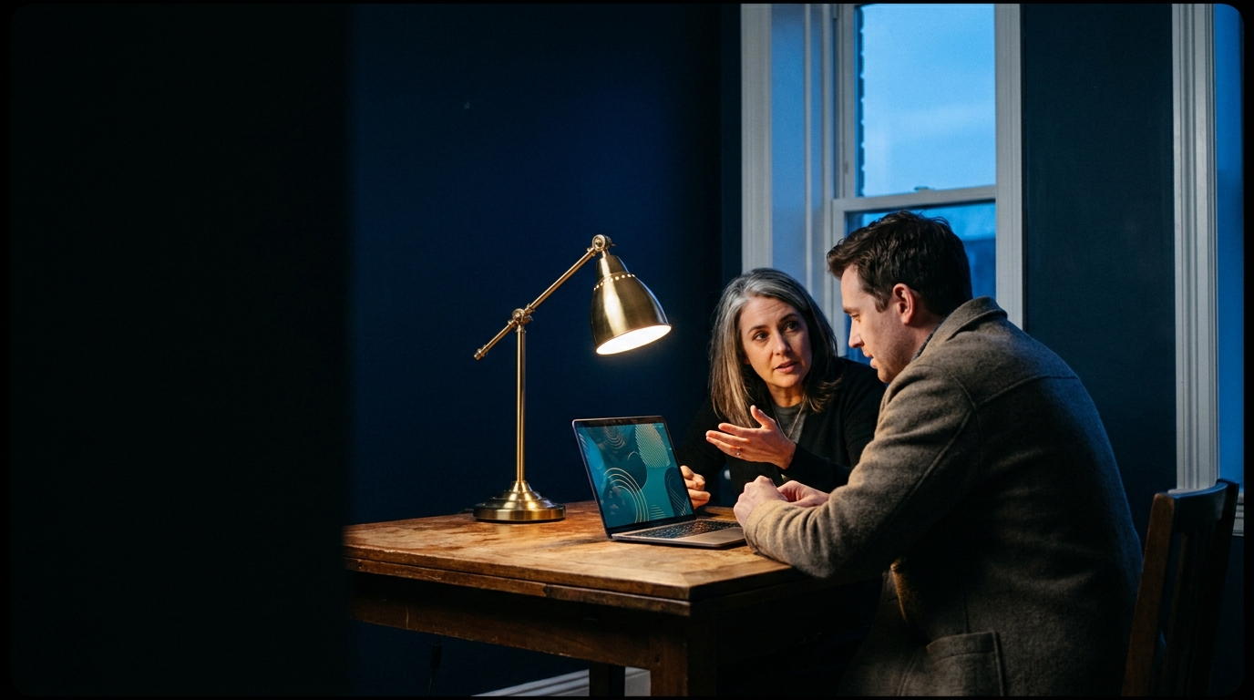 Two people sitting side by side at a table, discussing career results on one laptop